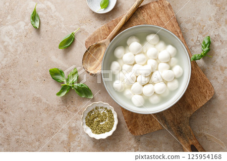 Mozzarella cheese balls, top view 125954168