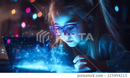 A kid girl learns online using futuristic technology. The concept of the integration of advanced digital tools in education, and learning experiences for the future generation. Generative AI. A kid girl learns online using futuristic technology. The concept of the integration of advanced digital tools in education, and learning experiences for the future generation. Generative AI. 125954213