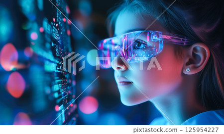 A kid girl learns online using futuristic technology. The concept of the integration of advanced digital tools in education, and learning experiences for the future generation. Generative AI. A kid girl learns online using futuristic technology. The concept of the integration of advanced digital tools in education, and learning experiences for the future generation. Generative AI. 125954227