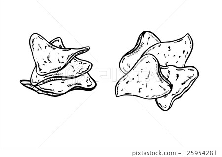 Triangular nachos chip pile vector illustration in monochrome linear style. Etching drawing of nacho heap clip art. Street food for Mexican restaurant menus, movie night packaging, cinema bar merch 125954281