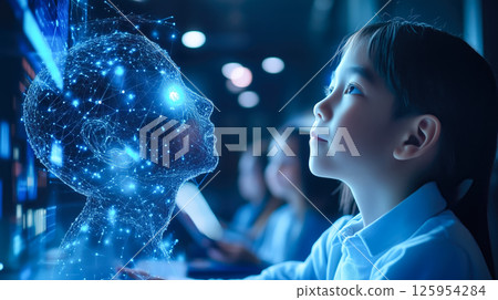 Students learn online with futuristic technology. The concept of advanced education, digital learning, and innovation in virtual classrooms. Generative AI. Students learn online with futuristic technology. The concept of advanced education, digital learning, and innovation in virtual classrooms. Generative AI. 125954284