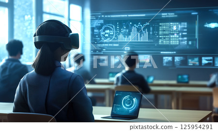 Students learn online with futuristic technology. The concept of advanced education, digital learning, and innovation in virtual classrooms. Generative AI. 125954291