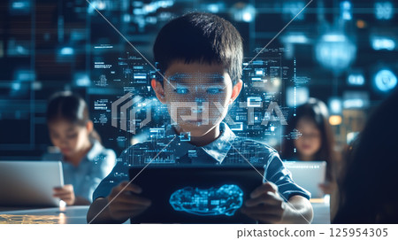 Students learn online with futuristic technology. The concept of advanced education, digital learning, and innovation in virtual classrooms. Generative AI. 125954305