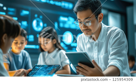 Students learn online with futuristic technology. The concept of advanced education, digital learning, and innovation in virtual classrooms. Generative AI. 125954309