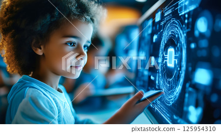 Students learn online with futuristic technology. The concept of advanced education, digital learning, and innovation in virtual classrooms. Generative AI. 125954310