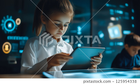 Students learn online with futuristic technology. The concept of advanced education, digital learning, and innovation in virtual classrooms. Generative AI. 125954338