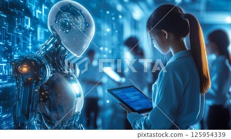 Students learn online with futuristic technology. The concept of advanced education, digital learning, and innovation in virtual classrooms. Generative AI. 125954339