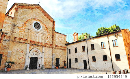 The square and the facade of one of the churches of Pesaro. 125954349