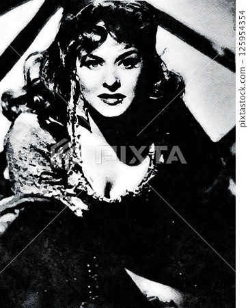 Watercolor portrait of a Hollywood diva from the mid-twentieth century. 125954354