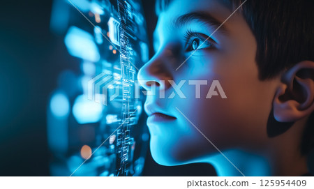 A boy interacts with futuristic technology, surrounded by holographic displays and digital interfaces. The concept of innovation, curiosity, and the next generation embracing advanced technology. Gene 125954409
