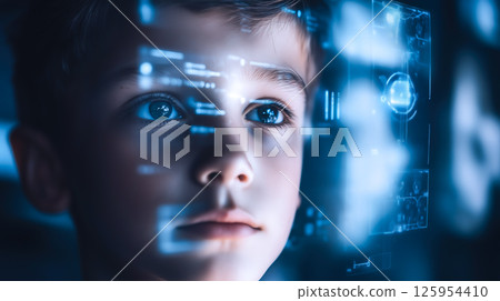 A boy interacts with futuristic technology, surrounded by holographic displays and digital interfaces. The concept of innovation, curiosity, and the next generation embracing advanced technology. Gene 125954410