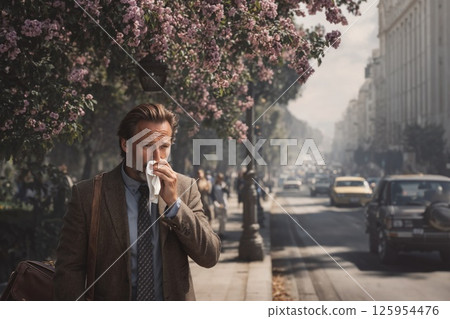 caucasian man wiping his nose with a tissue. seasonal allergies , pollinosis concept. caucasian man wiping his nose with a tissue. seasonal allergies , pollinosis concept. 125954476
