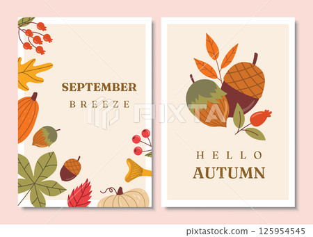 Set of autumn posters featuring seasonal elements like colorful leaves, berries, and mushrooms in warm earthy tones designs. Set of autumn posters featuring seasonal elements like colorful leaves, berries, and mushrooms in warm earthy tones designs. 125954545