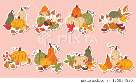 Autumn sticker set featuring decorative compositions of leaves, pumpkins, mushrooms, nuts, and berries in a cute illustrative style 125954550