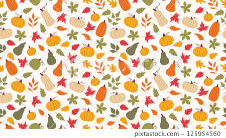 Seamless autumn pattern with vibrant pumpkins and falling leaves. Warm and inviting design ideal for seasonal projects, fabric prints, gift wrap Seamless autumn pattern with vibrant pumpkins and falling leaves. Warm and inviting design ideal for seasonal projects, fabric prints, gift wrap 125954560