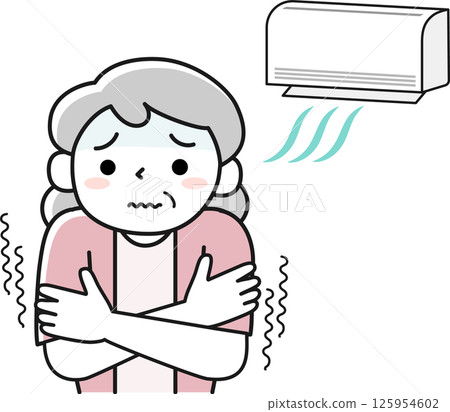 一位老婦人因冷氣太冷而瑟瑟發抖 一位老婦人因冷氣太冷而瑟瑟發抖 125954602