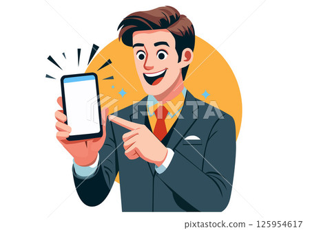 A young man in a suit points excitedly at his smartphone. 125954617