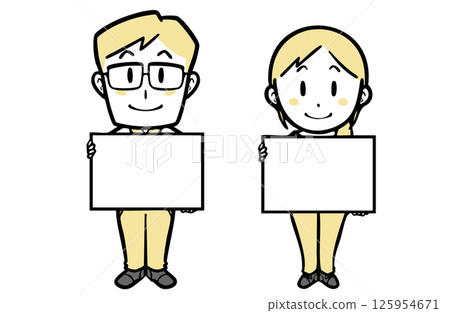 A young couple in casual clothes smiling and holding a message board 125954671