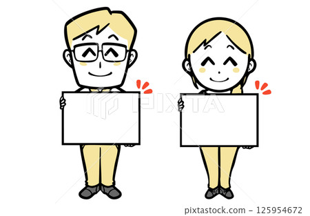 A young couple in casual clothes smiling and holding a message board 125954672