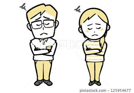 一對穿著休閒服的年輕夫婦，憂心忡忡 125954677