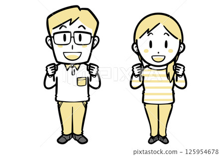 一對穿著休閒服的年輕夫婦面帶微笑歡呼 125954678