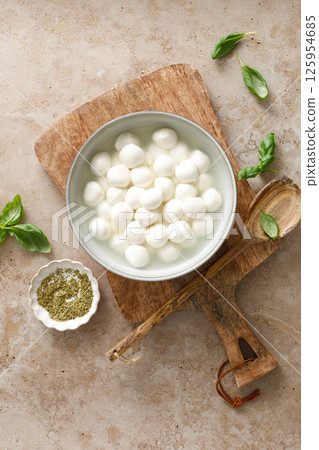 Mozzarella cheese balls, top view Mozzarella cheese balls, top view 125954685