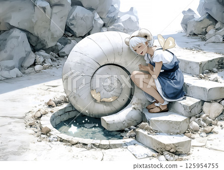 Illustration material of an ammonite fairy who is happy to find a giant ammonite fossil 125954755