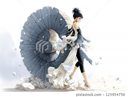 走在巨型菊石化石前的菊石仙女的插圖素材 走在巨型菊石化石前的菊石仙女的插圖素材 125954756