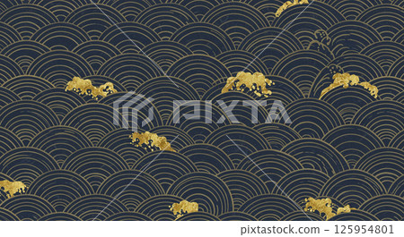 Gold wave splash and blue sea wave Japanese style background, traditional pattern, high-end design 125954801