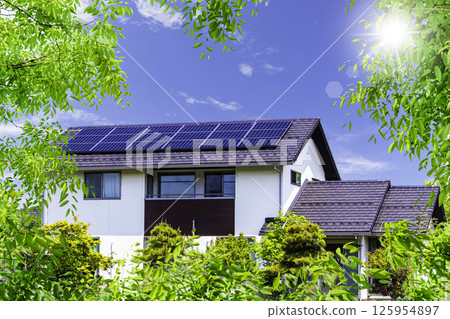 Eco image_fresh greenery, sky, eco house and sun Eco image_fresh greenery, sky, eco house and sun 125954897