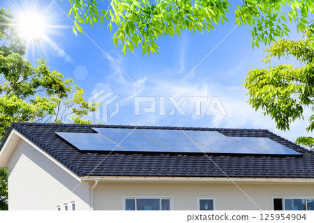 Eco image_fresh greenery, sky, eco house and sun Eco image_fresh greenery, sky, eco house and sun 125954904