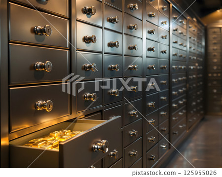 Gold bars in a safe deposit box drawer 125955026
