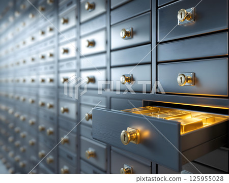 Gold bars in a safe deposit box drawer 125955028
