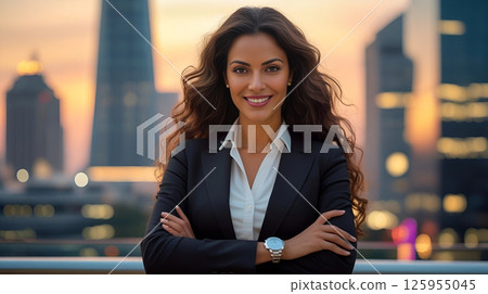 Two confident young businesswomen with their arms folded against the backdrop of skyscrapers at sunset Two confident young businesswomen with their arms folded against the backdrop of skyscrapers at sunset 125955045