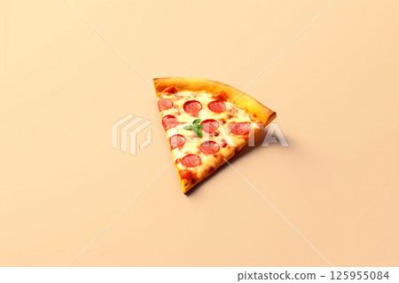 A delicious pizza slice topped with sausage, set against a soft pastel-colored background, highlighting the savory appeal of the dish in a light and inviting way 125955084