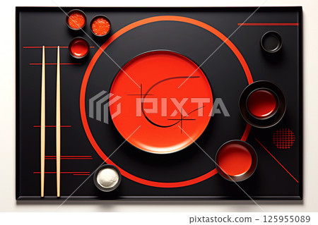 A beautifully arranged Japanese plate with sushi or traditional dishes, accompanied by chopsticks. The plate is set on a black board with a red saucer 125955089