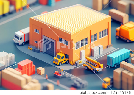 Truck loading or unloading at a warehouse. Logistics and transportation. Warehouse with a truck parked nearby. Logistics center 125955126