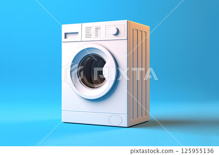 Blue washing machine with laundry inside. Washing clothes. Modern blue washer for laundry. Home appliances 125955136