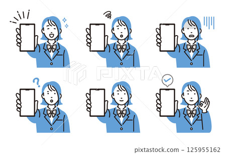 Set of high school girls showing smartphone screens Set of high school girls showing smartphone screens 125955162