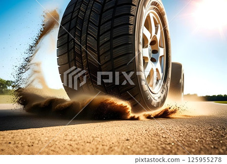 Aluminium wheeled tyres kicking up sand 125955278