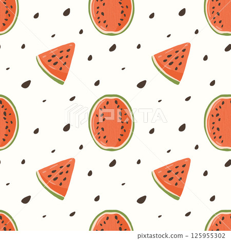 Seamless pattern of Watermelon slices and halves, background of Fruits and Seeds. Vector Summer pattern for covers, cases, clothes, and Food packaging. 125955302