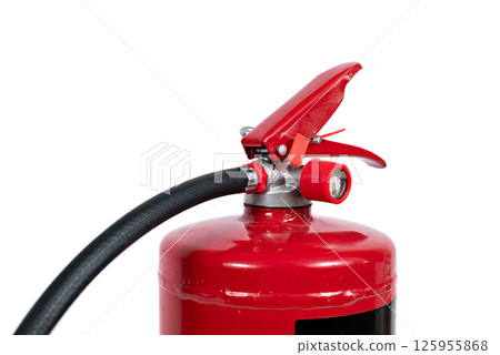 A red fire extinguisher with black hose on white background A red fire extinguisher with black hose on white background 125955868