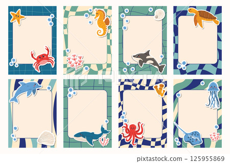 Groovy Notes Set in sea colors with frames and cute cartoon Sea Animal Stickers. Playful, ocean-themed layout with retro patterns and a calm, colorful underwater vibe. 125955869