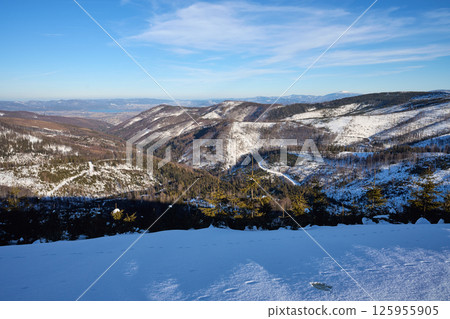 Marvellous valley at Silesian Beskid on European Bialy Krzyz in Poland Marvellous valley at Silesian Beskid on European Bialy Krzyz in Poland 125955905