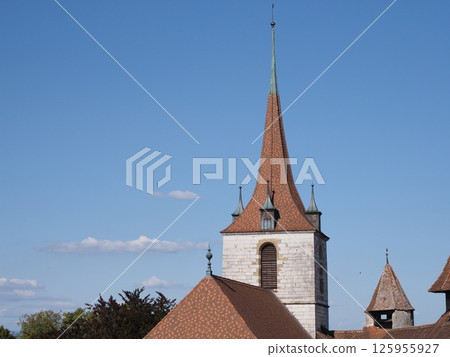 Scenic German church in European Murten town in Switzerland 125955927