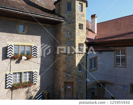 Stony castle tower in European Murten town in Switzerland 125955930