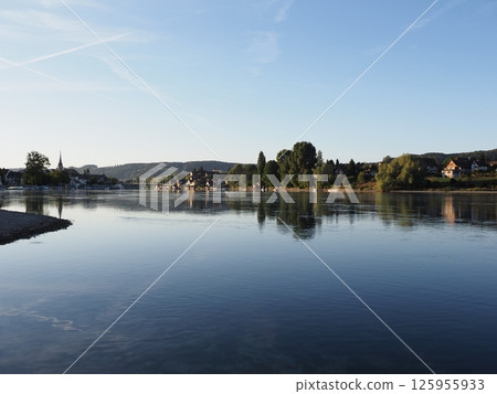 Panoramic Rhine River near STEIN AM RHEIN town in SWITZERLAND 125955933