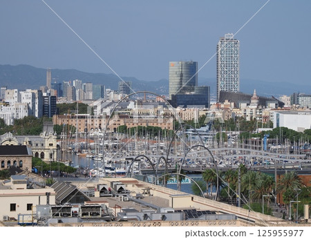 Cityscape with port view in European Barcelona city in Spain Cityscape with port view in European Barcelona city in Spain 125955977