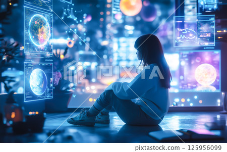 A woman sits in a room surrounded by futuristic technology. The concept of innovation, digital transformation, and human interaction with advanced technology. Generative AI. 125956099