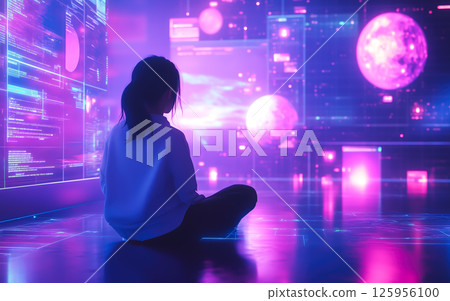 A woman sits in a room surrounded by futuristic technology. The concept of innovation, digital transformation, and human interaction with advanced technology. Generative AI. 125956100